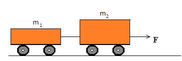12. Dy trupa me m1=1kg dhe m2=2kg të lidhur me njeri tjetrin me një fije të pazgjatëshme, lëvizin në një sipërfaqe horizontale me nxitim 3m/s 2.