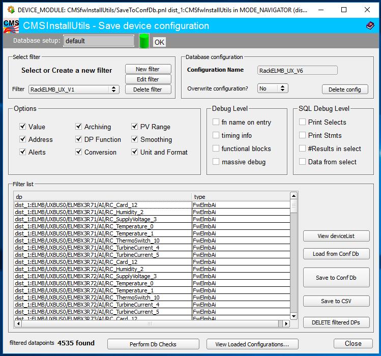 CHAPTER 6. THE CMS CENTRAL DCS Figure 6.2: The main panel of the CMSfwInstallUtils component. The tools uses filter to select data point from the project.