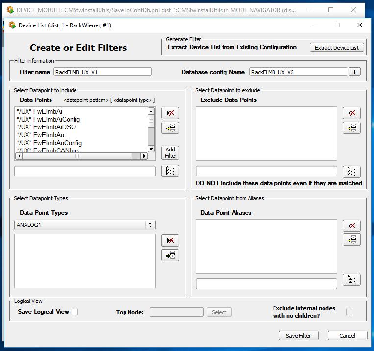 CHAPTER 6. THE CMS CENTRAL DCS Figure 6.3: The main panel used to define filters. A filter is a set of patterns used to select data points.