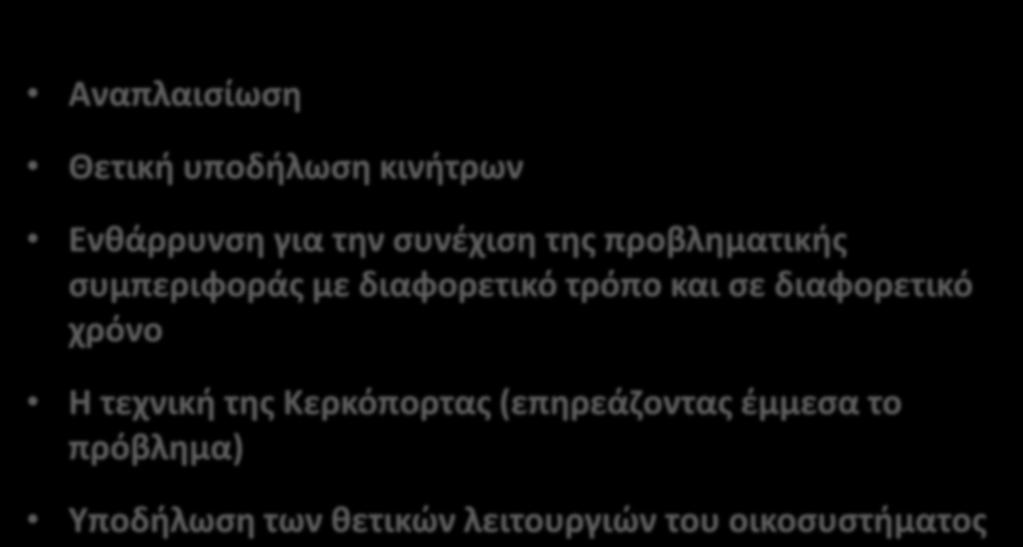 Τεχνικές αντιμετώπισης προβλημάτων συμπεριφοράς σύμφωνα με την οικοσυστημική προσέγγιση (Ψαρρά, 2008) Αναπλαισίωση Θετική υποδήλωση κινήτρων Ενθάρρυνση για την συνέχιση της