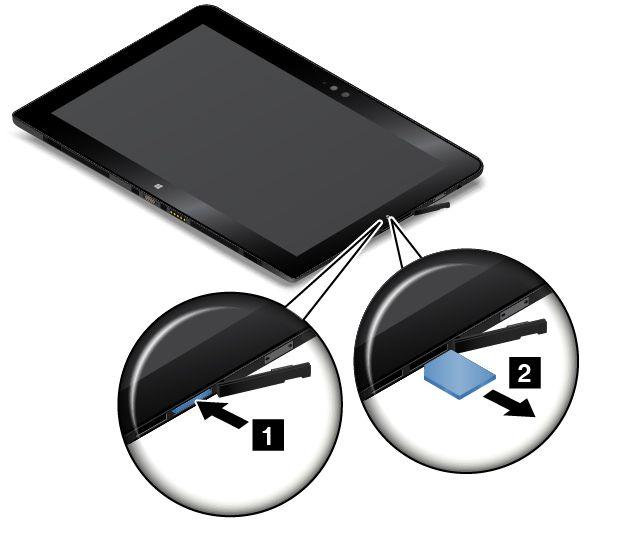 3. Σπρώξτε την κάρτα micro SIM προς τα μέσα μέχρι να ακουστεί ένα κλικ 1. Η κάρτα micro SIM πετάγεται έξω. Σύρετε προσεκτικά την κάρτα micro SIM έξω από την υποδοχή 2. 4.