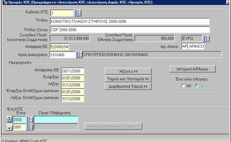 διαχείρισής του, ηµεροµηνίες απόφασης ΕΕ, έναρξης και λήξης και έναρξης και λήξης Επιλέξιµων απανών, και τα έτη του ΚΠΣ.