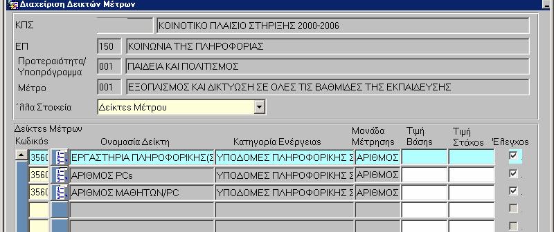 Αν επιλεγεί καταχώριση από κατηγορία ενέργειας έρχονται όλοι οι δείκτες που είναι συνδεδεµένοι στις Βοηθητικές Εργασίες (Πυρήνας) µε τις κατηγορίες ενέργειας που έχουν δηλωθεί στο µέτρο.