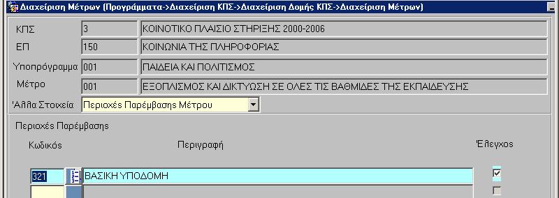 Προγραµµατισµού. Κάθε έργο του µέτρου χαρακτηρίζεται από µια Περιοχή Παρέµβασης, µε ειδικό, για το σκοπό αυτό, κωδικό στο έντυπο Τ Ε και στο ΣΤ Ε, που καταχωρίζεται στο ΟΠΣ.