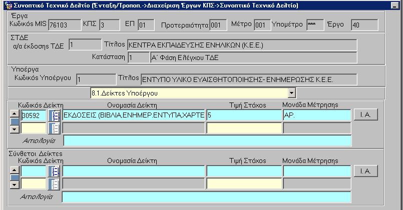 5.4.2 είκτες του Υποέργου Καταχωρίζονται οι δείκτες του υποέργου, µε δυνατότητα επιλογής είτε µεταξύ των δεικτών που έχουν καταχωριστεί στο έργο, είτε µεταξύ των δεικτών της κατηγορίας ενέργειας στην