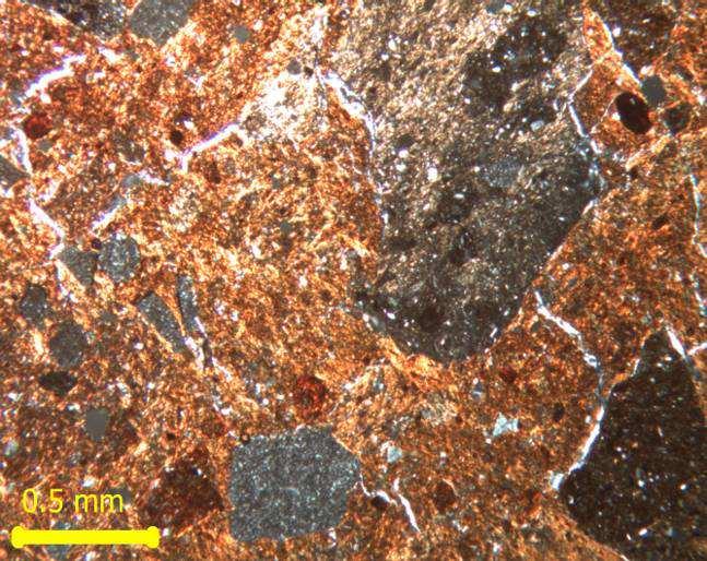 Grog fragment, faint argillaceous inclusion (lower