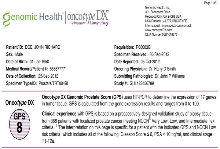 Oncotype DX Prostate Cancer Report GPS results range