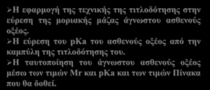 Η εφαρμογή της τεχνικής της τιτλοδότησης στην εύρεση της μοριακής μάζας άγνωστου ασθενούς οξέος.