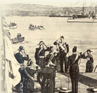 Ο πρίγκιπας Γεώργιος αποβιβάζεται στο κρητικό έδαφος, ενώ τον υποδέχονται οι ναύαρχοι των Μεγάλων Δυνάμεων με τιμητικά αγήματα, στις 9 Δεκεμβρίου 1898.