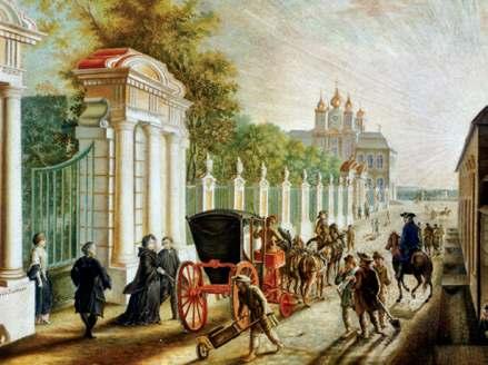 Πάνω: Πίνακας με το παλάτι του Πέτρου Γ, του K. Koestner. Κάτω: To παλάτι της Αικατερίνης στο Zarkoje Selo, σχεδιασμένο από τον αρχιτέκτονα B.F. Rastrelli.