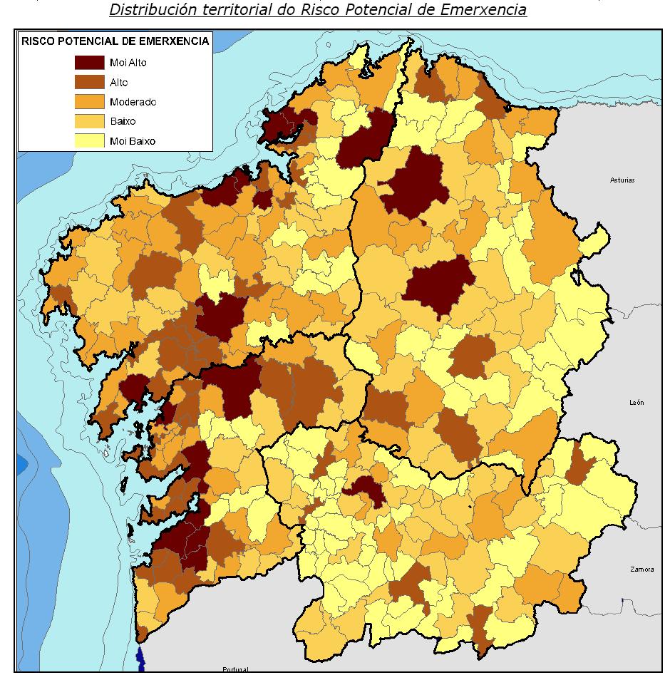 = (Risco Estatístico) + 2*(Vulnerabilidade) +3*(Risco por Emerxencias Especiais) Baixo esta consideración os valores reflectidos no PLATERGA para o Risco Potencial de Emerxencia e a súa clasificación