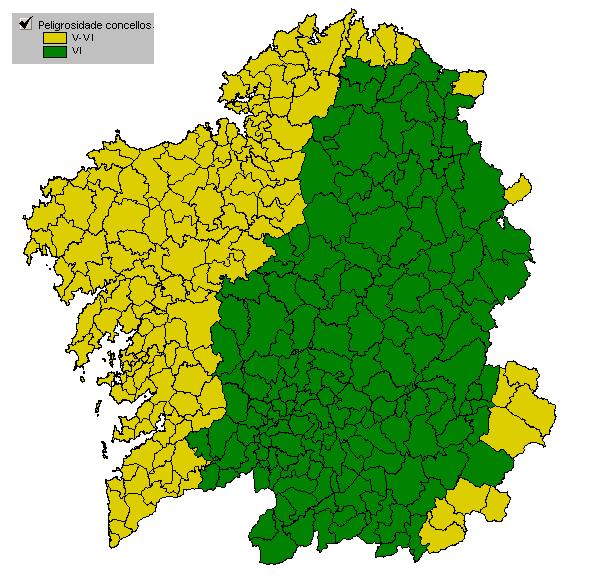 O mapa de intensidades representa a intensidade máxima que se sentiu ou que se espera sentir en cada punto da comunidade como consecuencia dos sismos ocorridos en Galicia e os seus arredores desde a