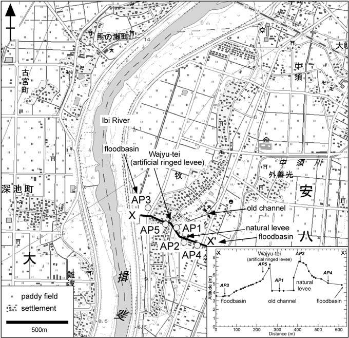 ,*+, 95 Fig,, Web Map showing borehole sites and cross sections across the former Ibi River channel The base map was based on the Digital Japan Web System provided by the Geospatial