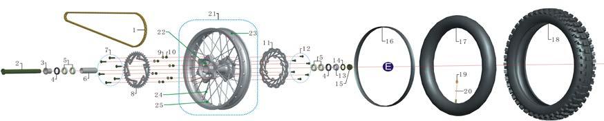 REAR WHEEL ASSY. 1 04020401430100 chain 520-110L 1 1 chain DX520-110L, KMC 1 2 09006002112001 axle, wheel, Φ25*242*M24*1.5 1 3 09010209220000 spacer, axle, Φ25.