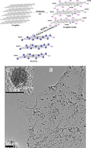 Deposition of inorganic nanoparticles Catalyst supports xidation of graphite flakes towards G production In situ reduction of platinum salt