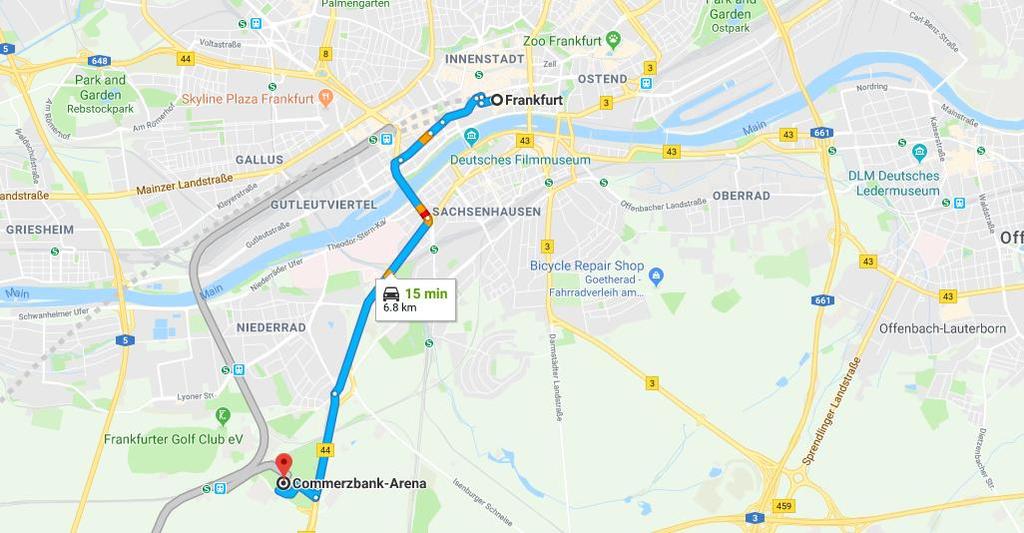 How to get to Commerzbank-Arena Waldstadion The 48.500 capacity stadium is located in the south of the city, 5km from the city center.
