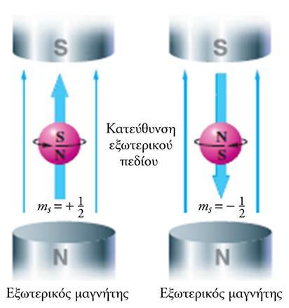 Κβαντικός αριθμός του Spin, m s Αυτός ο κβαντικός αριθμός χαρακτηρίζει τους δύο δυνατούς προσανατολισμούς που μπορεί να έχει ο άξονας περιστροφής του ηλεκτρονίου ως προς