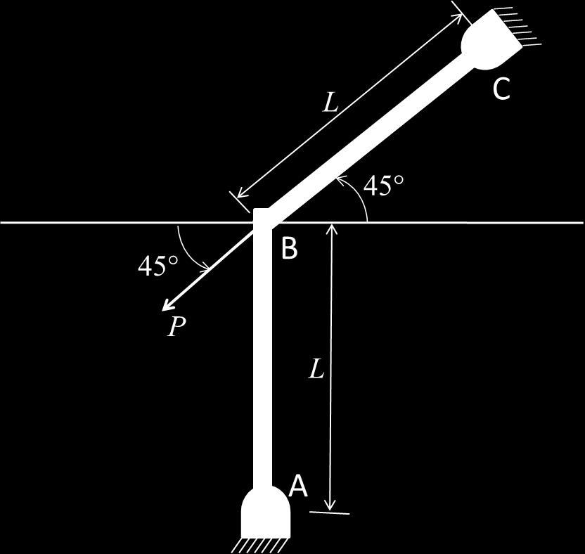 Q.34 In the figure, the load P = 1 N, length L = 1 m, Young s modulus E = 70 GPa, and the cross-section of the links is a square with dimension 10 mm 10 mm. All joints are pin joints.
