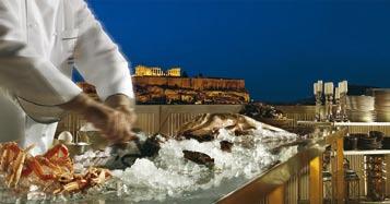 dining affair. White draped pergolas and olive trees frame a perfect view of the Acropolis and the Athenian cityscape at night. Escape from your daily urban routine!