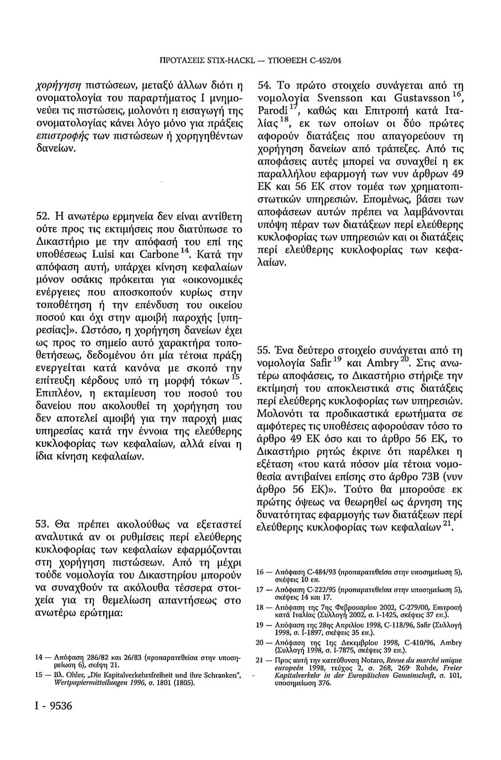 ΠΡΟΤΑΣΕΙΣ STIX-HACKL - ΥΠΟΘΕΣΗ C-452/04 χορήγηση πιστώσεων, μεταξύ άλλων διότι η ονοματολογία του παραρτήματος Ι μνημονεύει τις πιστώσεις, μολονότι η εισαγωγή της ονοματολογίας κάνει λόγο μόνο για