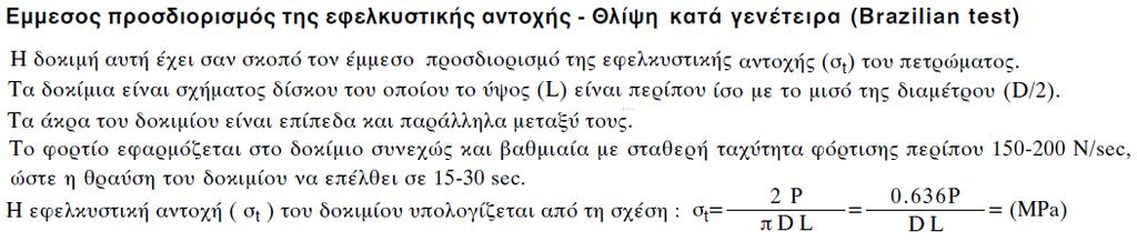 Δοκιμή σημειακής φόρτισης Με τη μέθοδο αυτή πυρήνες δειγμάτων γεωτρήσεως υποβάλλονται σε αντιδιαμετρική σημειακή φόρτιση και προσδιορίζεται ο δείκτης σημειακής