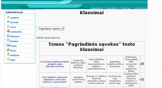 Išsirinkus temą, patenkama į testo klausimų redagavimo langą: 79