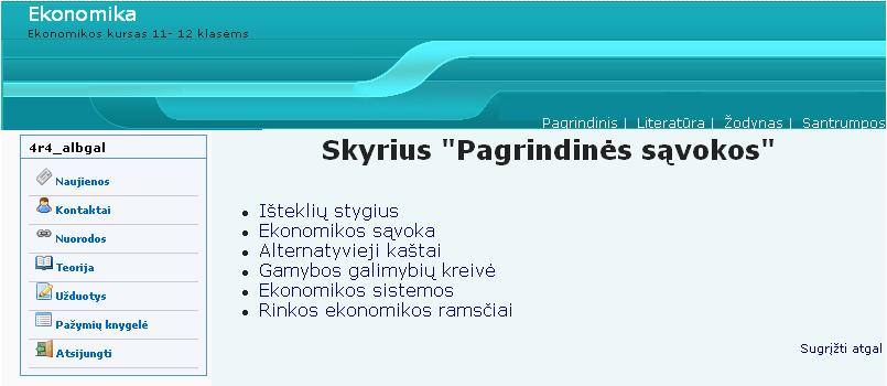 Nuorodos langas Pasirinkus mygtuką Teorija, atsidaro langas su