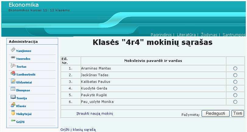 Paspaudus ant 64 paveiksl lyje esančios klas s, gauname mokinių sąrašo langą: