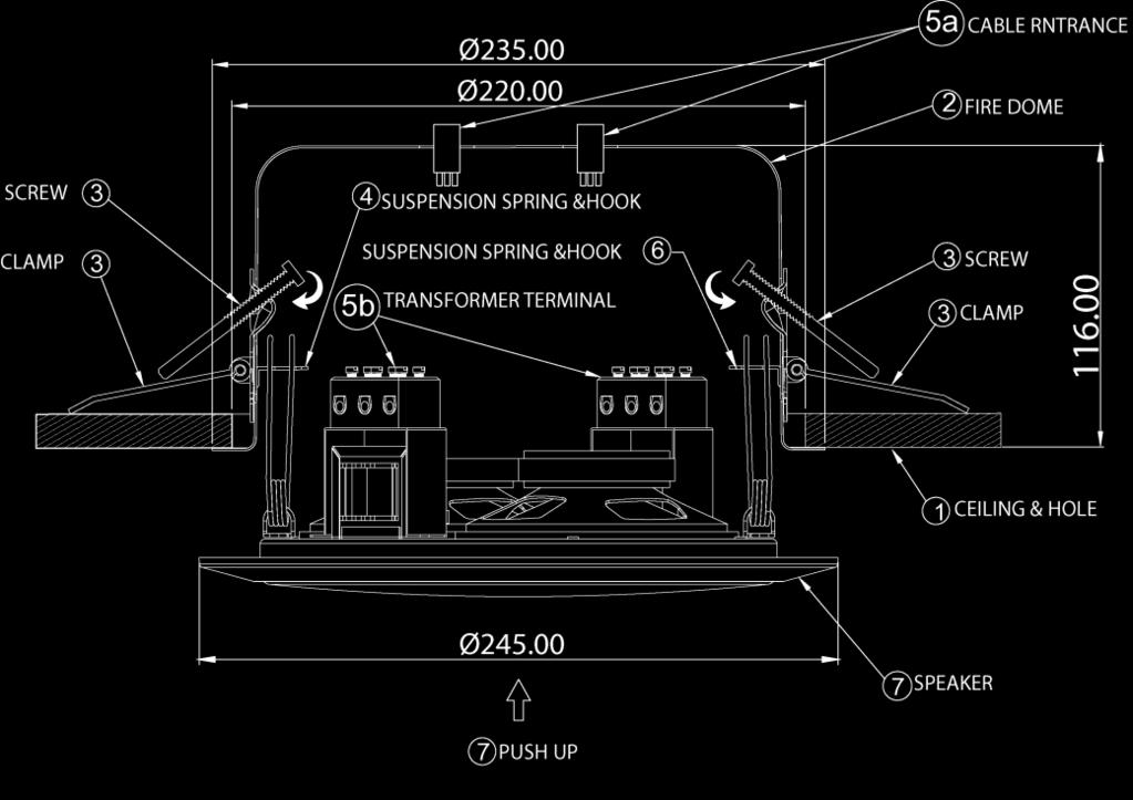 3. INSTALLATION Step 1. Cut a hole of 220 mm diameter in the ceiling. Use appropriate tools. Unit: mm Step 2.