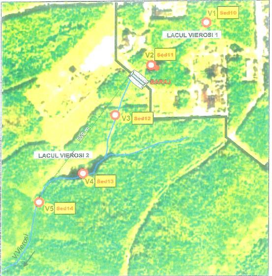 Localizarea punctelor de investigare pentru sedimente si apa de suprafata din Lacul Vierosi
