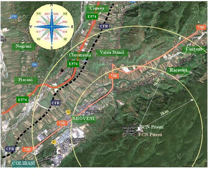 Figura 1-4 Incadrarea in zona si vecinatati a Platformei ICN - FCN Pitesti Platforma ICN-FCN este situata pe un platou cuprins intre paraul Argesel la NV, raul Doamnei la V si Valea Mare la S.