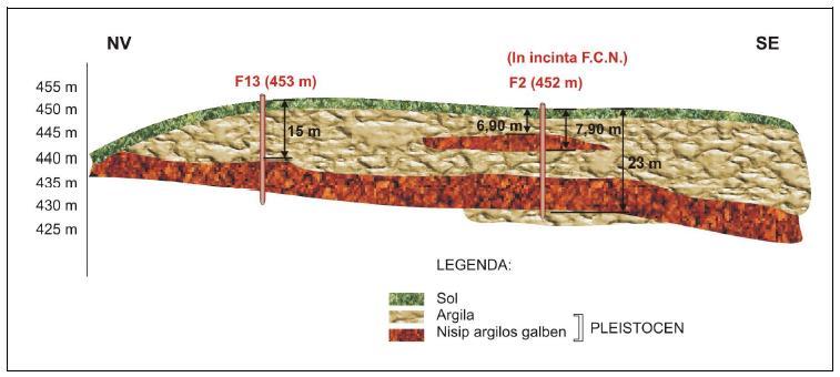 Figura 2-8 Sectiune geologica prin incinta SCN-FCN (dupa GEOTEC) Grafica Cristina Sandu Sursa: Servicii de elaborare studii privind calitatea solului /subsolului si apelor freatice pe platforma S.C.N.-F.C.N.si in vecinatatea acesteia, MATE-FIN 2.