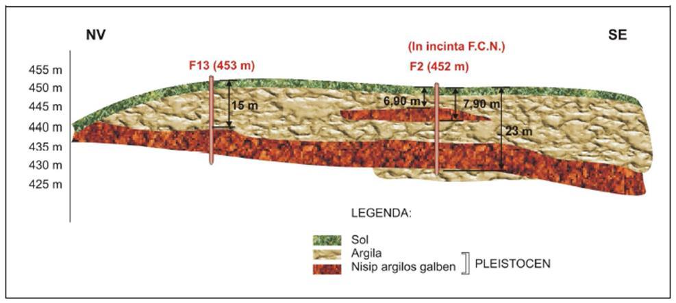 Figura 2-8 Sectiune geologica prin incinta SCN-FCN (dupa GEOTEC) Grafica Cristina Sandu Sursa: Servicii de elaborare studii privind calitatea solului /subsolului si apelor freatice pe platforma S.C.N.-F.C.N.si in vecinatatea acesteia, MATE-FIN 2.