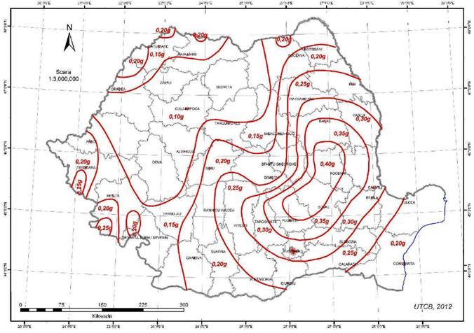 Figura 2-9 Zonarea teritoriului Romaniei in termeni de valori de varf ale acceleratiei terenului pentru proiectare ag pentru cutremure avand intervalul mediu de recurenta IMR = 225 ani si 20%