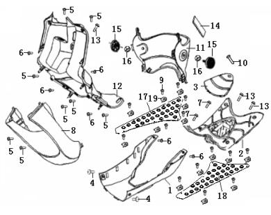 LEG SHIELD ASSY. 1 65407B03C200 COVER LOWER II(SILVER) 1 65407B03BA00 COVER LOWER II(BLACK) 1 2 65401B030000 FOOTBOARD 1 3 65411B030000 CAP FOOTBOARD 1 4 B13060601605 SCREW ASSY.