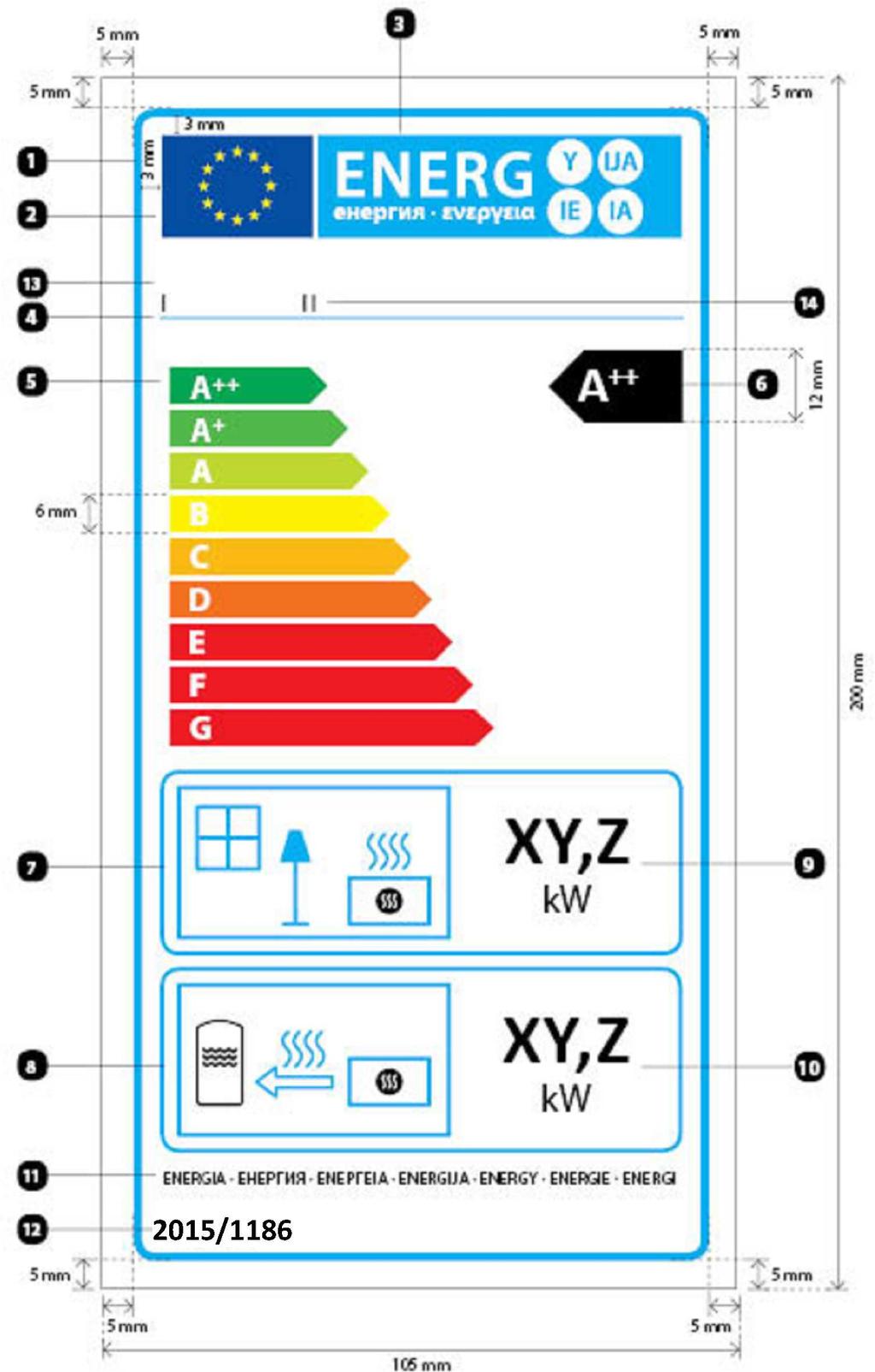 L 193/30 2. Vietinių patalpų šildytuvų etiketės forma Reikalavimai: a) etiketė yra ne mažesnė kaip 105 mm pločio ir 200 mm aukščio.