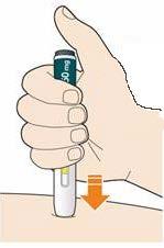 Nykščiu paspauskite ir nedelsdami atleiskite pilką mygtuką. Pasigirs spragtelėjimas. Injekcija prasidėjo. Langelis pradės geltonuoti. Spragt!