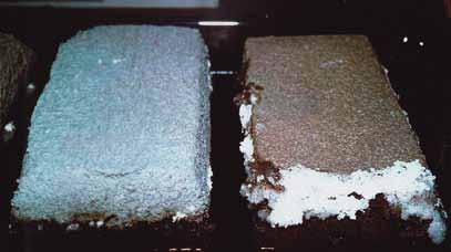 Kristalizējošie sāļi uz apmetuma virsmas. Pa kreisi: atjaunojošais apmetums, pa labi: tradicionālais apmetums. Apmetuma sabrukums cokola zonā sāļu kristalizācijas rezultātā (II etaps).