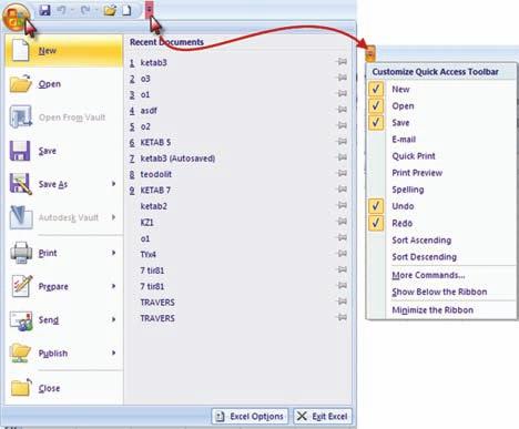 دكمه : Office اين دكمه همان منوي فايل است كه شامل گزينه هايي مانند, Save Open, Print مي باشد.