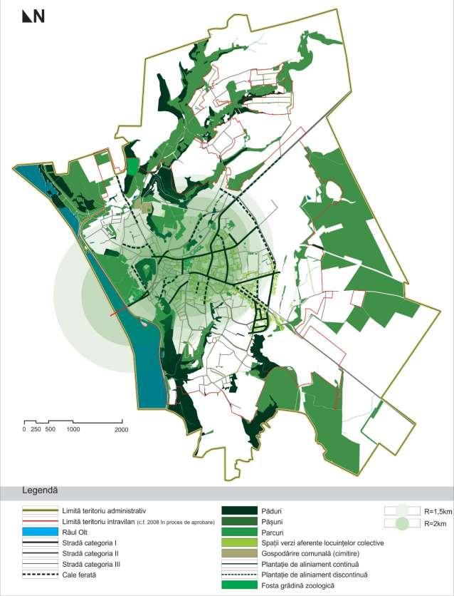 Figură 71 Reţeaua de spaţii verzi a municipiului Slatina şi