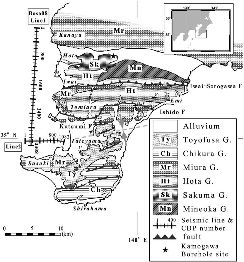 Fig. +. Simplified geological map of the southern part of the Boso Peninsula showing the location of seismic lines of the Boso,**2 seismic survey.