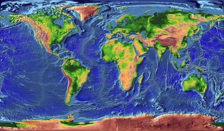 Mapa povrchovej geomorfológie kontinentov a