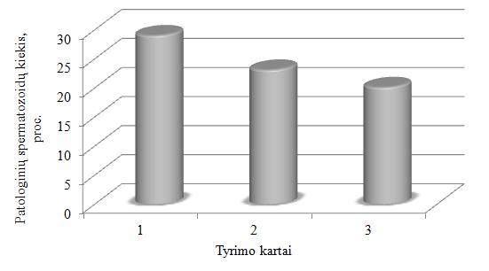 3 pav. Patologinių spermatozoidų kiekio (proc.) pokyčiai spermoje pirminio ir pakartotinų tyrimų metu.