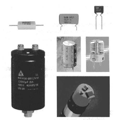 5 Na sliki so prikazane različne izvedbe kondenzatorjev, ki imajo različne lastnosti in se uporabljajo v različne namene: folijski kondenzator dva primera keramičnih kondenzatorjev dva primera