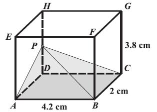 26. Zadan je kvadar ABCDEFGH s duljinama bridova kao na skici. Točka P je polovište brida DH. Koliki je obujam osjenčanog tijela ABCDP? A. 5.32 cm 3 B. 8.4 cm 3 C. 10.64 cm 3 D. 15.