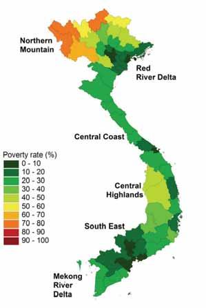4.9 Bản đồ 4.1 thể hiện phân bố nghèo theo vùng miền theo tỉnh và huyện 2009. Tỷ lệ nghèo cao nhất ở khu vực miền Bắc và thấp nhất ở vùng Đồng bằng sông Cửu Long và Đồng bằng sông Hồng.