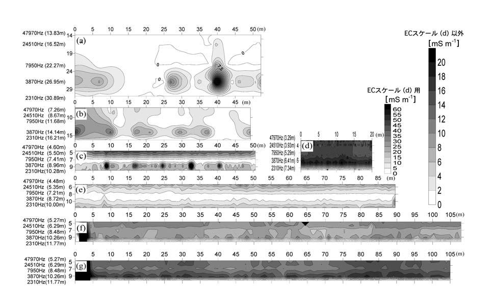 10 +*3,**2 / a b c d e f g Fig. / Vertical EC map obtained by multi-frequency EM survey.