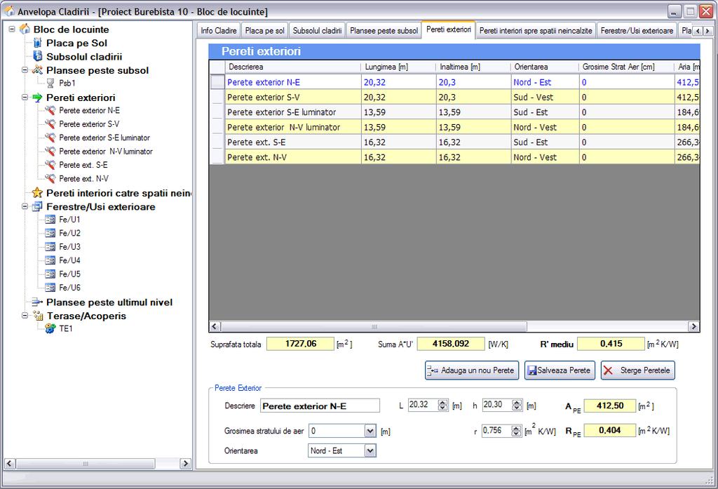 Doset-PEC F4 - Fereastra Anvelopa Clădirii Pereţi exteriori (figura 20) Pentru accesul la datele pereţilor exteriori se poate selecta tab-pagina Pereţi exteriori din dreapta ferestrei Anvelopa