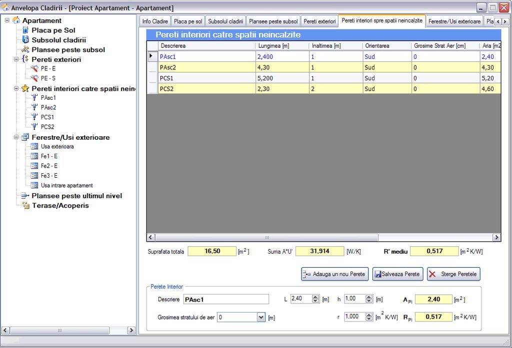 F4 - Fereastra Anvelopa Clădirii Doset-PEC Pereţi interiori către spaţii neîncălzite (figura 22) Pentru accesul la datele pereţilor interiori se poate selecta tab-pagina Pereţi interiori din dreapta