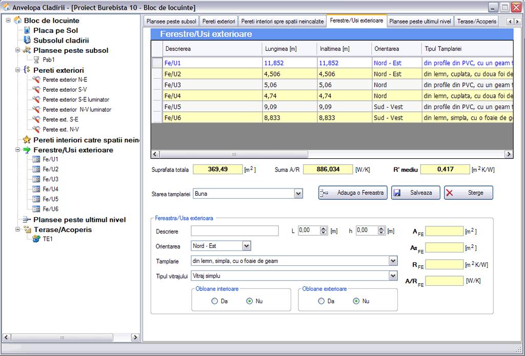 Doset-PEC F4 - Fereastra Anvelopa Clădirii Ferestre/Uşi exterioare (figura 24) Pentru accesul la datele ferestrelor/uşilor exterioare se poate selecta tab-pagina Ferestre/Uşi din dreapta ferestrei